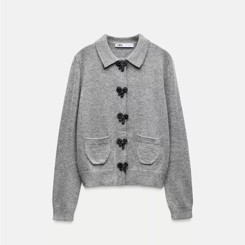Zara Women’s Beaded Bow Shaped Button Knit Cardigan, Gray, Sz Small